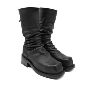 John Fluevog Cruz Slouchy Mid Calf Leather Boot Square Toe Biker Moto Grunge 9